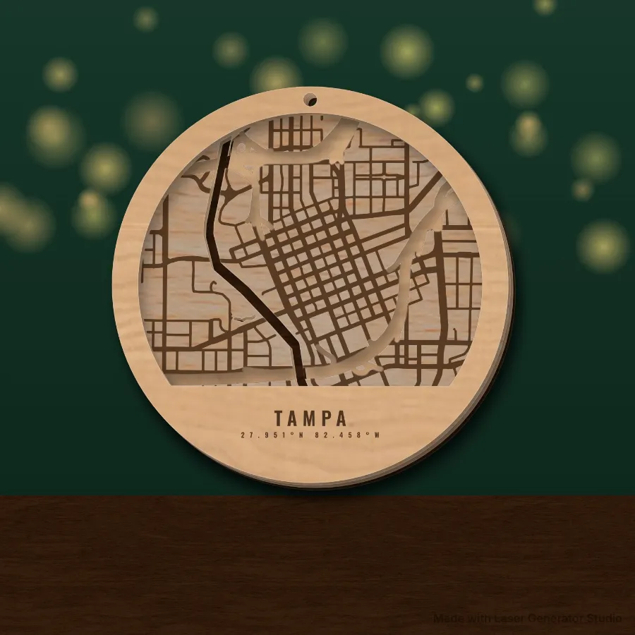 Layered wooden street-map Christmas ornament of Tampa with the name and coordinates engraved