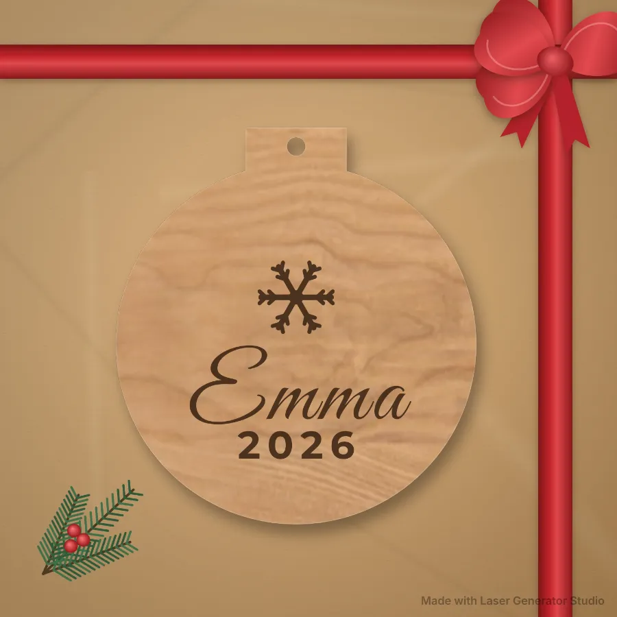 Personalised wooden name ornament on kraft gift wrap with a red ribbon